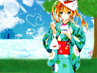 Woman kimono cellphone drink field - aestheticism free wallpaper