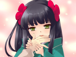 Girl green eyes kimono hibiscus - a character portrait free wallpaper