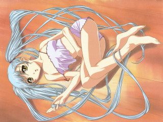Blue hair woman laying wires - visual free wallpaper