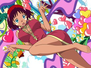 Cartoon girl red dress flying - background behind her free wallpaper