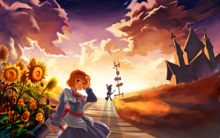 Girl sunflowers castle dusk flower - a painting of a girl free wallpaper