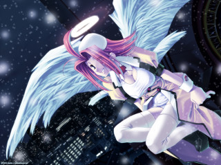 Pink hair angel wings city - a city free wallpaper for desktop