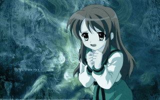 Girl green dress blue swirl - blue free wallpaper