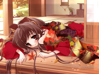 Woman reddress hat bed anime - her back free wallpaper