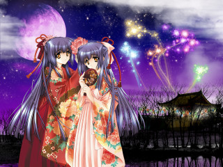Anime girls purple sky fireworks - firework free wallpaper