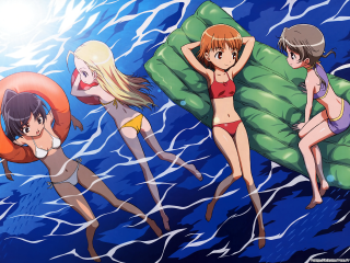 Three girls bathing suits floating - a life preserver free wallpaper