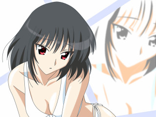Red eyed woman leaning knees - anime visual free wallpaper