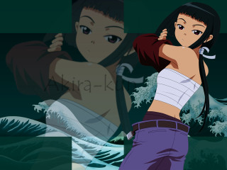 Woman purple pants gun background - anime style free wallpaper