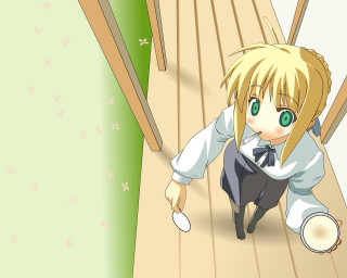 Anime girl blonde green eyes 3 - a wooden walkway free wallpaper