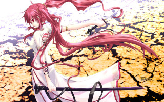 Fiery red haired sword woman - long red hair holding free wallpaper