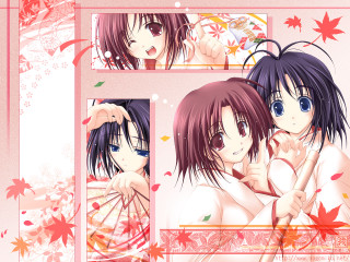 Anime girls hugging autumn leaves - red hair free wallpaper