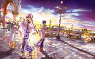 Sunset city two women bench - a street next free wallpaper