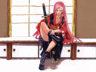 Woman sitting kimono sword window - a window behind her free wallpaper