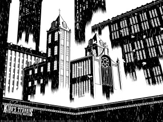 Cityscape clocktower monochrome skyscrapers characters - ashcan school free wallpaper