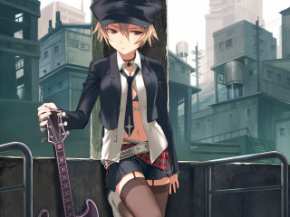 Eizan kikukawa guitar cityscape blonde - her hand and a city in the background free wallpaper