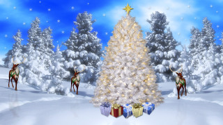 Christmas tree presents deers snow - the snow free wallpaper