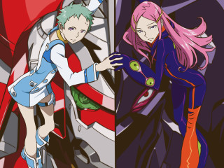 Pink green eyes blue suit - two anime character one free wallpaper