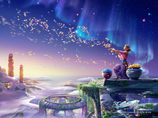 Girl cliff starry sky aurora - a painting of a girl free wallpaper