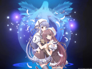 Anime hugging angel birds moon - a blue sky behind them free wallpaper