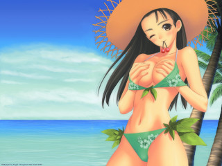 Beach bikini hat palm ocean - giantess art free wallpaper