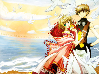 Beach anime angel birds sunset - anime visual free wallpaper