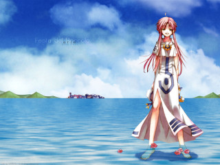 Anime girl water boat clouds - a long dress free wallpaper