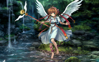 Angelic girl sword forest waterfall - magical free wallpaper