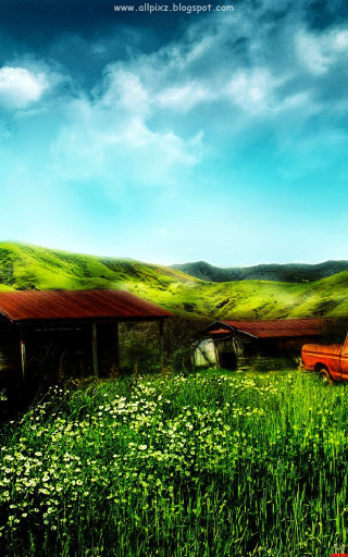 Red truck field green grass - matte painting free wallpaper