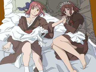 Two anime girls bed pillow - a bed free wallpaper