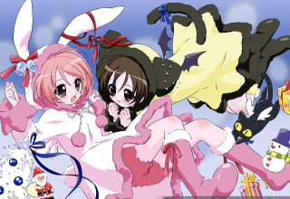 Anime girls cat snowman christmas - a pink dress free wallpaper
