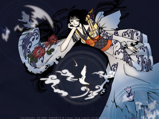 Woman bird kimono clock portrait - her side free wallpaper