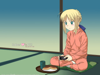 Anime saber girl sitting green - video game free wallpaper
