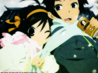 Suzumiya haruhi hug two girls - official free wallpaper for desktop