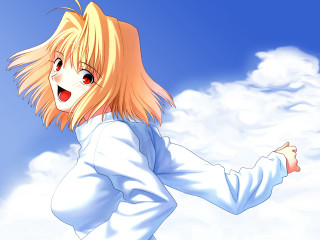 Cartoon girl blonde white shirt - wide free wallpaper