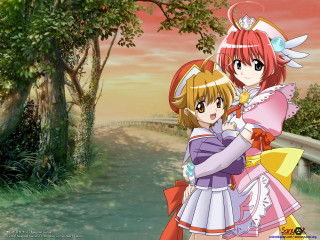 Anime girls hug forest sunset - neoromanticism free wallpaper