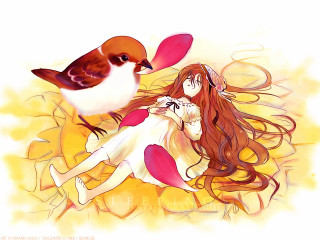 Alice girl bird yellow background - context art free wallpaper