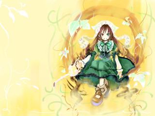 Girl green dress yellow background 2 - her hand and a cat free wallpaper