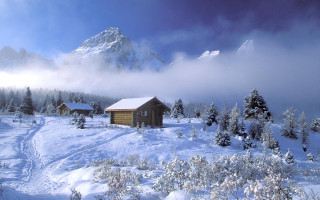 Snowy cabin mountains forest water - tree and mountains free wallpaper