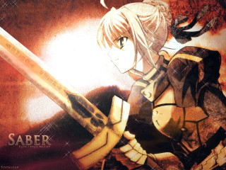 Anime character sword glowing armor - a red background behind her free wallpaper