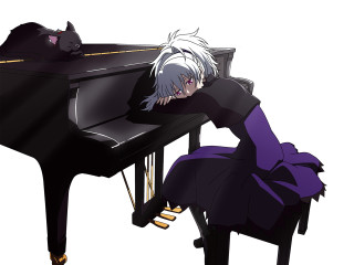 Woman piano cat portrait purple - a piano free wallpaper