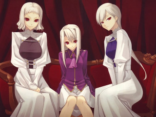 Three anime girls red curtain - a red curtain free wallpaper