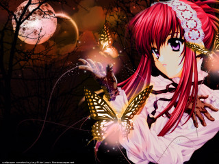 Red haired girl butterfly fullmoon - a full moon in the background free wallpaper for desktop