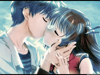 Man woman kissing blue sky - cloud behind them free wallpaper