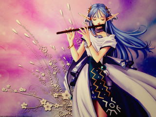 Blue hair flute purple background - purple free wallpaper for desktop