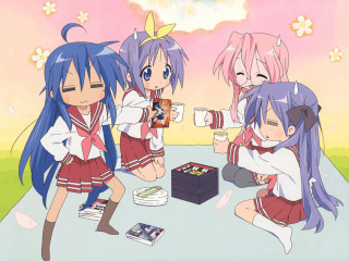 Girls picnic cherry blossoms food - a camera in front free wallpaper