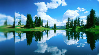 Lake trees clouds blue sky 6 - white cloud free wallpaper