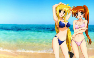 Anime girls beach ocean bikini - their back free wallpaper