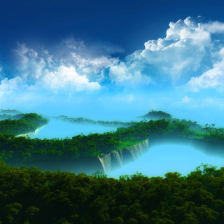 River trees clouds waterfall painting - matte painting free wallpaper