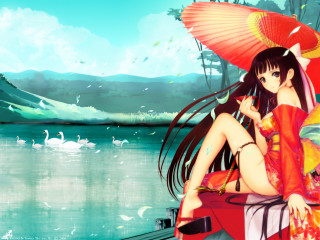 Woman bench umbrella water anime - a bench free wallpaper