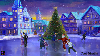 People skating christmas tree town 2 - kinkade free wallpaper